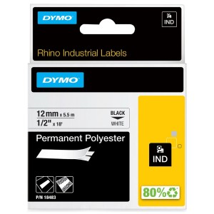 Rhino Industrial Tape Permanent Polyester Black on White 18483 (W)12mm x (L)5.5Mtr