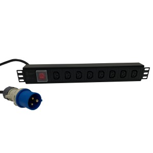 IEC Power Distribution Units 8 Way Horizontal Switched 16A BS4343 Plug (Commando) 8x C13 Black (L)490mm Cord 3Mtr