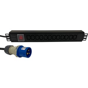 IEC Power Distribution Units 12 Way Horizontal Switched 16A BS4343 Plug (Commando) 12x C13 Black (L)490mm Cord 3Mtr
