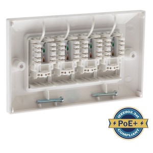 Assembled Outlet Cat5e Double Gang 4 Ports Bevelled Faceplate White (H)86mm x (W)146mm