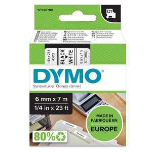 D1 Label Tape Standard Black on White S0720780 (W)6mm x (L)7Mtr   