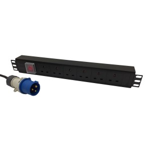 PDU 6 Way Horizontal Switched 16A BS4343 Plug (Commando) 13A UK Socket Black (L)490mm Cord 3Mtr