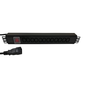 IEC Power Distribution Units 12 Way Horizontal Switched C20 Plug 12x C13 Black (L)490mm Cord 3Mtr