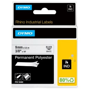 Rhino Industrial Tape Permanent Polyester Black on White 18482 (W)9mm x (L)5.5Mtr