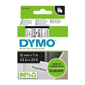 D1 Label Tape Standard Black on White S0720530 (W)12mm x (L)7Mtr