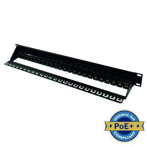 Patch Panel Cat6 Unshielded 24Port Through Coupler Rear Cable Management Black (H)1U x (W)19"