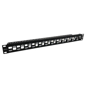 Patch Panel Unloaded Cat6A Shielded 24Port Flat, Staggered Ports Keystone Rear Cable Management Black (H)1U x (W)19"