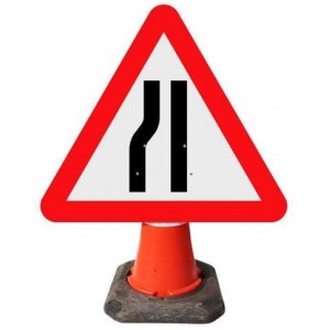Cone Mounted Sign Road Narrows Left Triangular