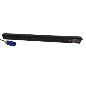 PDU 12 Way Vertical UK Surge/Filter 16A BS4343 Plug (Commando) 13A UK Socket Black Cord 3Mtr
