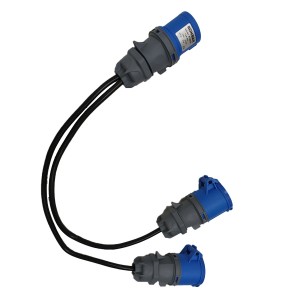 Power Lead 16A Commando Plug 2x 16A Commando Sockets Splitter Black (L)0.5Mtr Rating IP44