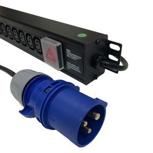 Hybrid PDU 16 Way Vertical Switched 16A BS4343 Plug (Commando) 12x C13, 4x C19 Black Cord 3Mtr