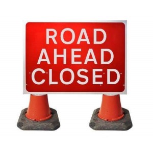 Cone Mounted Sign Road Ahead Closed Rectangular (H)750mm x (W)1050mm