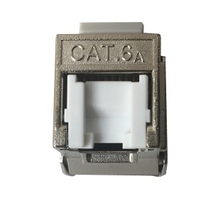 Keystone Jack Cat6A Toolless 180 Deg HD Shielded White Shutter Silver