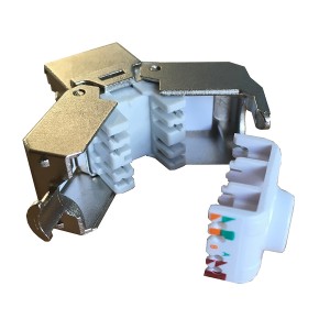 Keystone Jack Cat6A Toolless 180 Deg HD Shielded White Shutter Silver