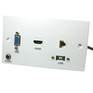 Projector Faceplate Double Gang Plastic 1x VGA, 1x HDMI, 1x 3.5mm, 1x USB-B, 1x Cat6 White NX-WP-071C6X 4K 60Hz 4:4:4