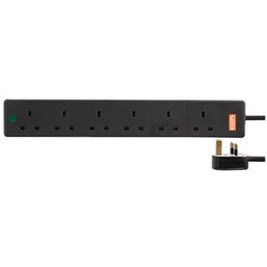 Surge Protected Trailing Socket 6 Way 13A Mains Extension Black (L)5Mtr