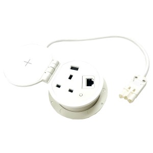 Smart Grommet Wireless Charging 1x UK Socket 1x Cat6 RJ45 1x USB-A, 1x USB-C White Desk Cut-Out Size 80mm
