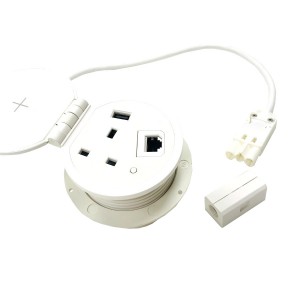 Smart Grommet Wireless Charging 1x UK Socket 1x Cat6 RJ45 1x USB-A, 1x USB-C White Desk Cut-Out Size 80mm