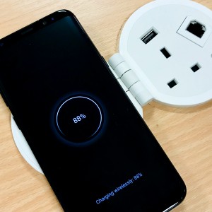 Smart Grommet Wireless Charging 1x UK Socket 1x Cat6 RJ45 1x USB-A, 1x USB-C White Desk Cut-Out Size 80mm