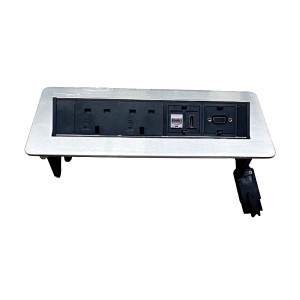 Aluminium Recessed Desk Power Unit Power & AV 2x UK Sockets, 1x VGA, 1x HDMI, 1x Cat6