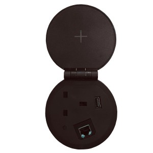 Smart Grommet Wireless Charging 1x UK Socket 1x Cat6 RJ45 1x USB-A, 1x USB-C Black Desk Cut-Out Size 80mm
