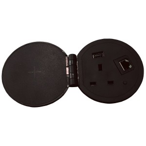 Smart Grommet Wireless Charging 1x UK Socket 1x Cat6 RJ45 1x USB-A, 1x USB-C Black Desk Cut-Out Size 80mm