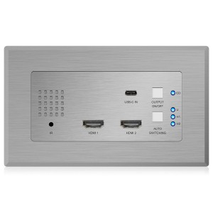 HDMI/USB-C Transmitter Wall Plate 4K 60Hz 4:2:0 @ 40m 1080p @ 70m Cat5e/6 HDMI1.4-HDCP2.2 2x HDMI In, 1x USB-C In 1x HDBaseT Out 2-way IR Pass-Thru 1x PoH (Bi-dir) Silver
