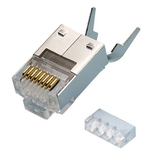 RJ45 Plug 8P8C Cat6A Shielded Round 7mm 22-26AWG Stranded or Solid Two-Part Silver Rear Shield Clamp  